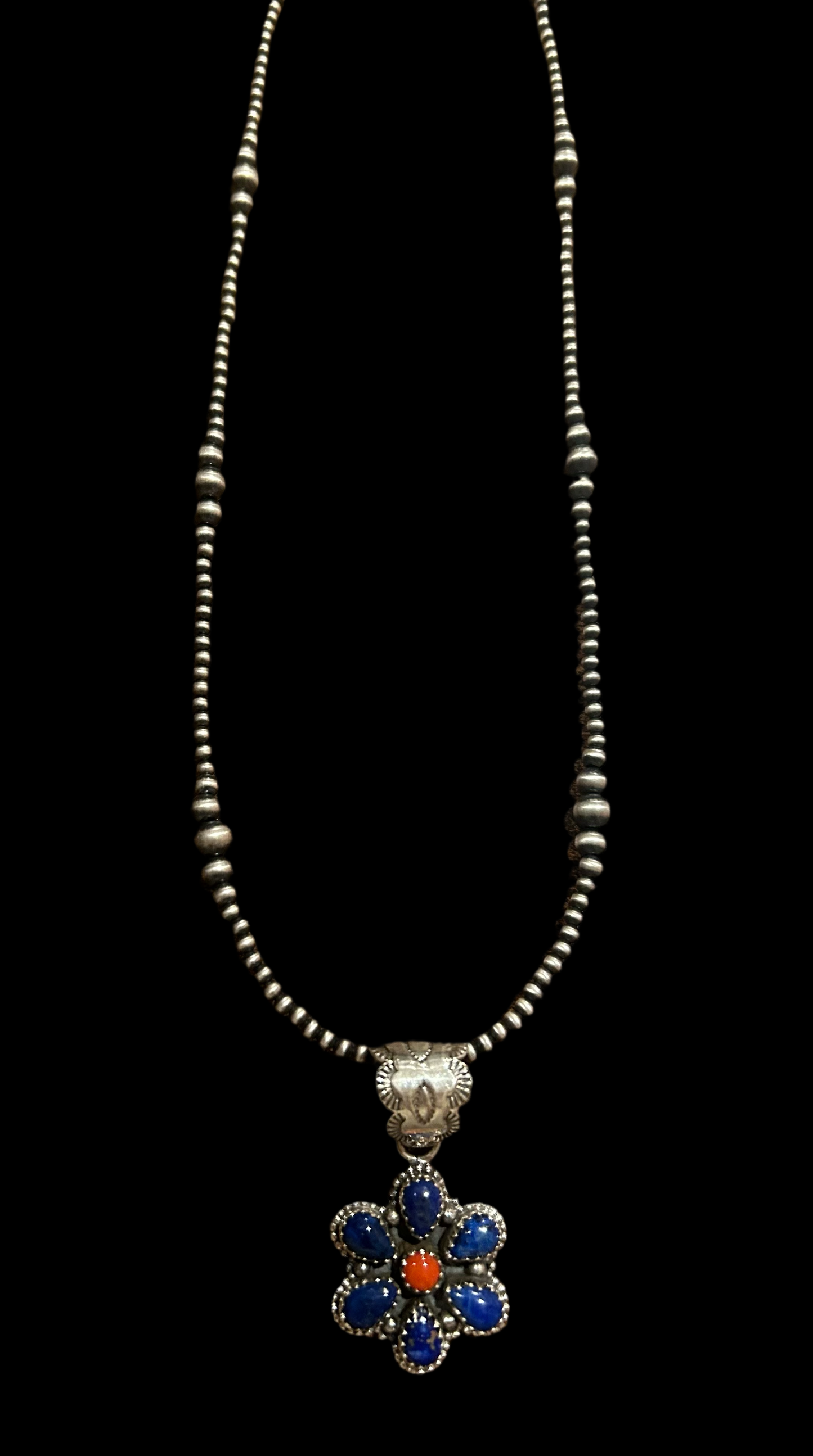 Lapis & red coral cluster pendant on 2mm-6mm graduated sterling silver pearls