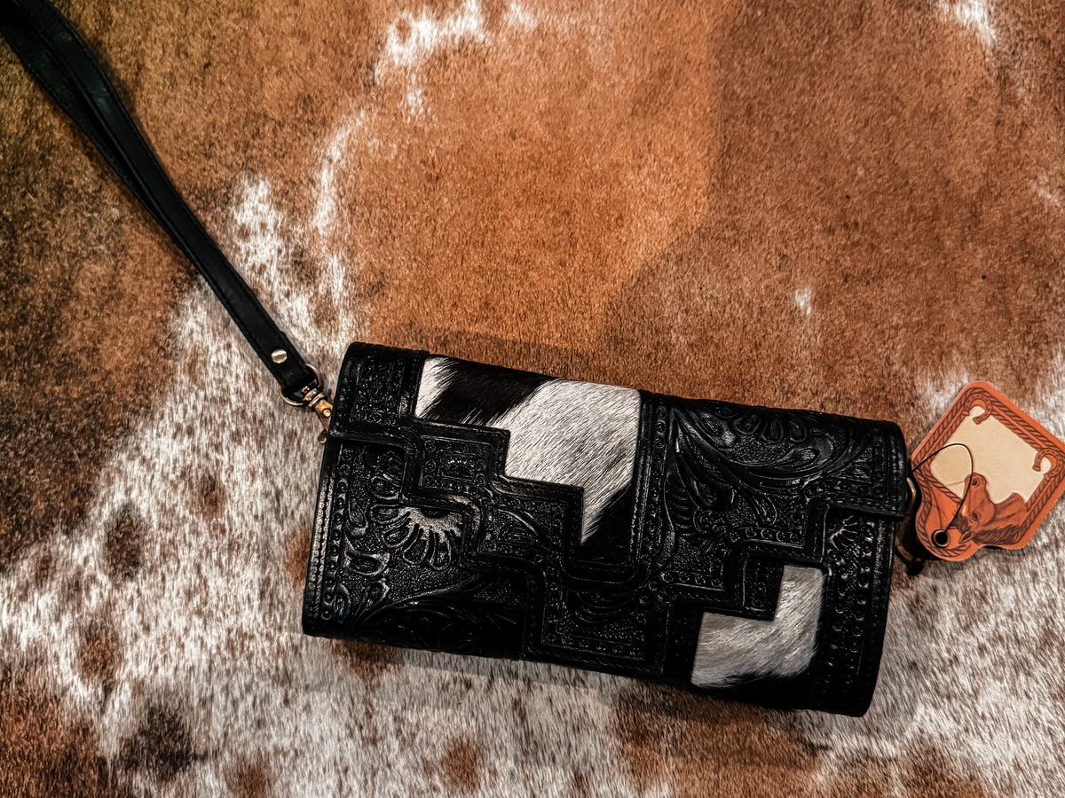 Black tooled & cowhide wallet w strap