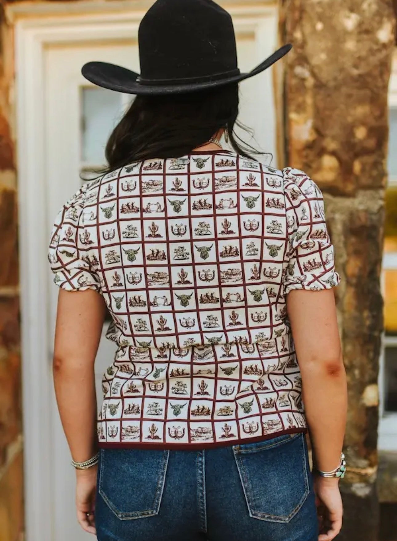 Wild West Print Puff Sleeve Blouse 