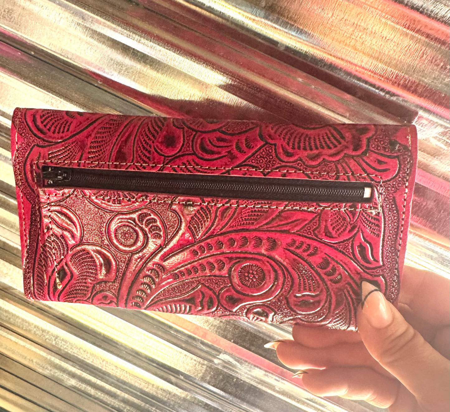 Pink Leather Tooled Wallet