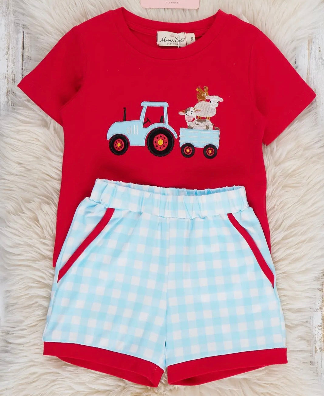 Little Tractor Helper Embroidered Plaid Outfit