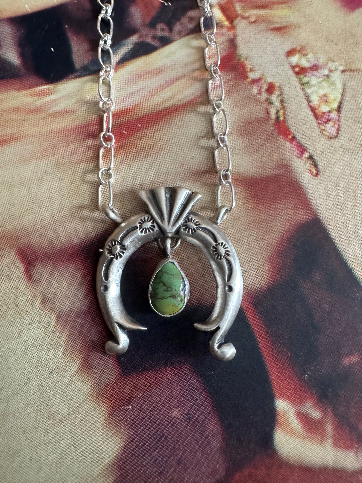 Native America Navajo Sterling Silver Turquoise Naja Necklace By Gary Shorty