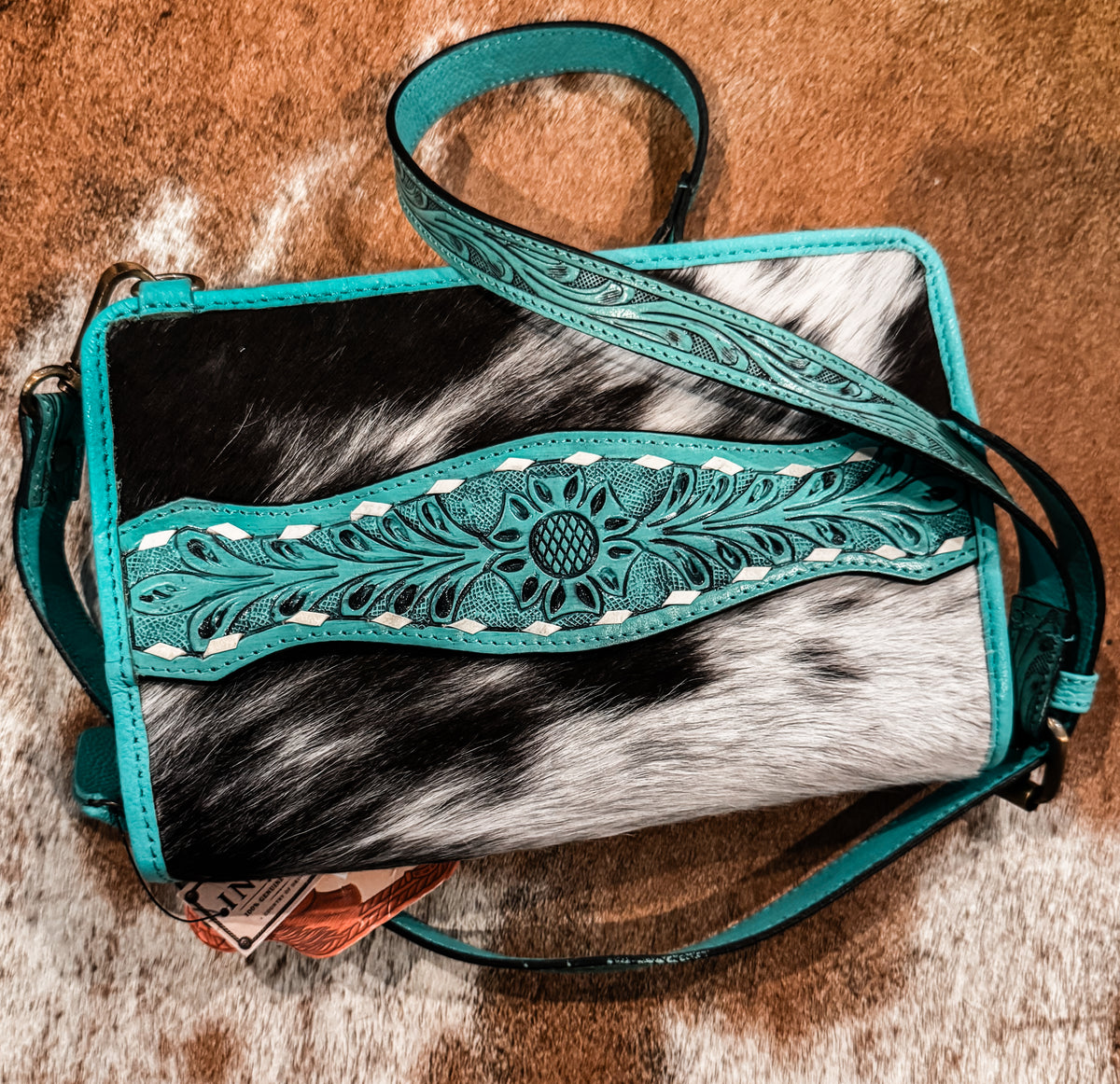 Tooled Turquoise leather and cowhide wallet purse