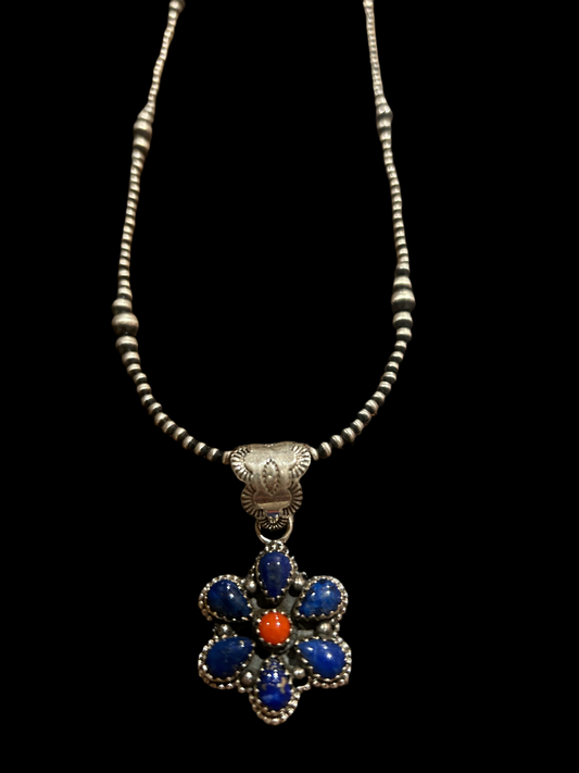 Lapis & red coral cluster pendant on 2mm-6mm graduated sterling silver pearls