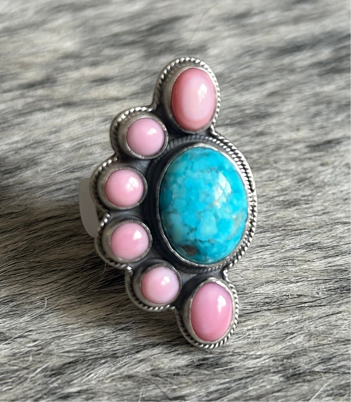 Pink conch & kingman turquoise half cluster ring – Flashy Ranch Hand ...