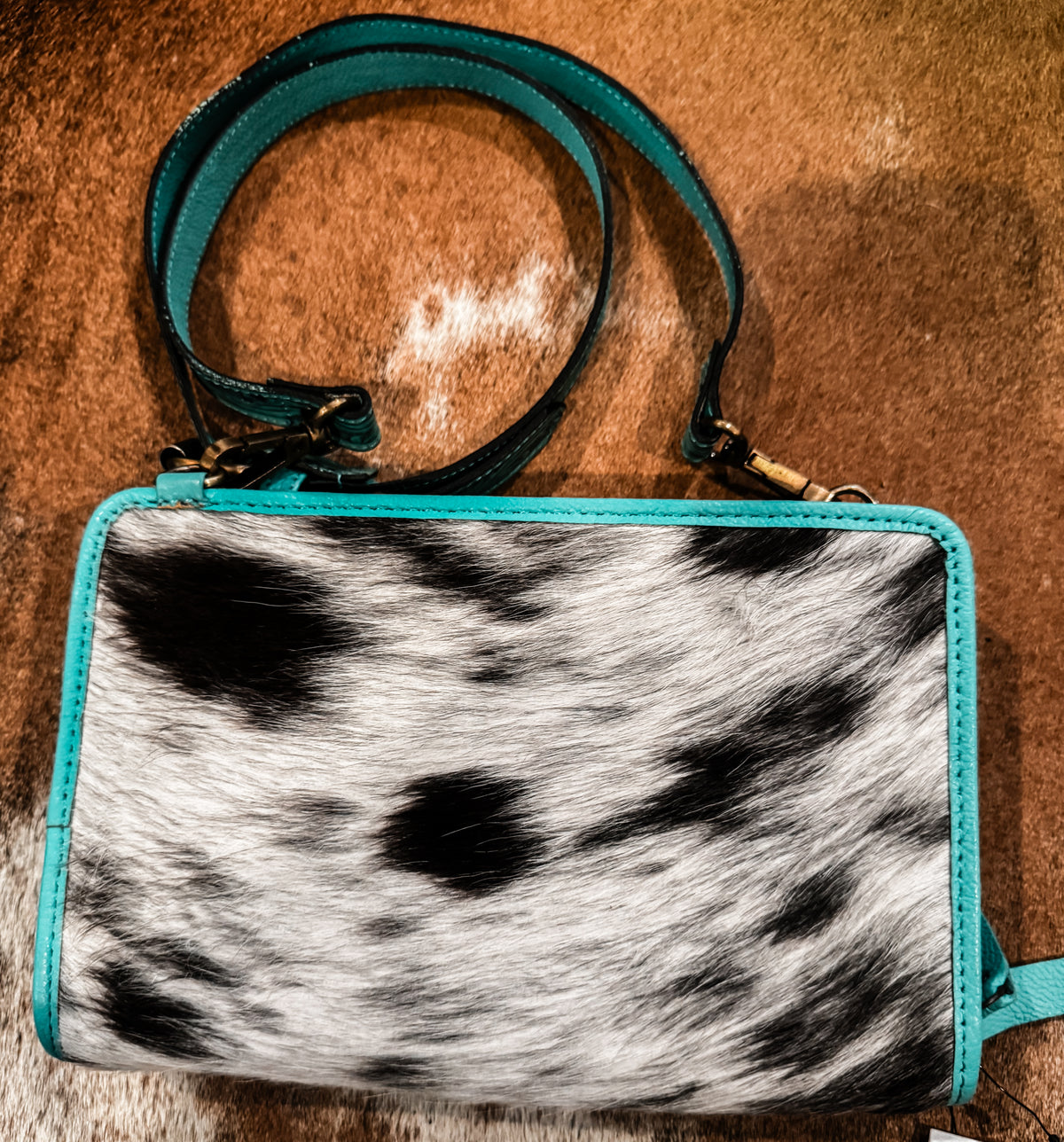 Tooled Turquoise leather and cowhide wallet purse