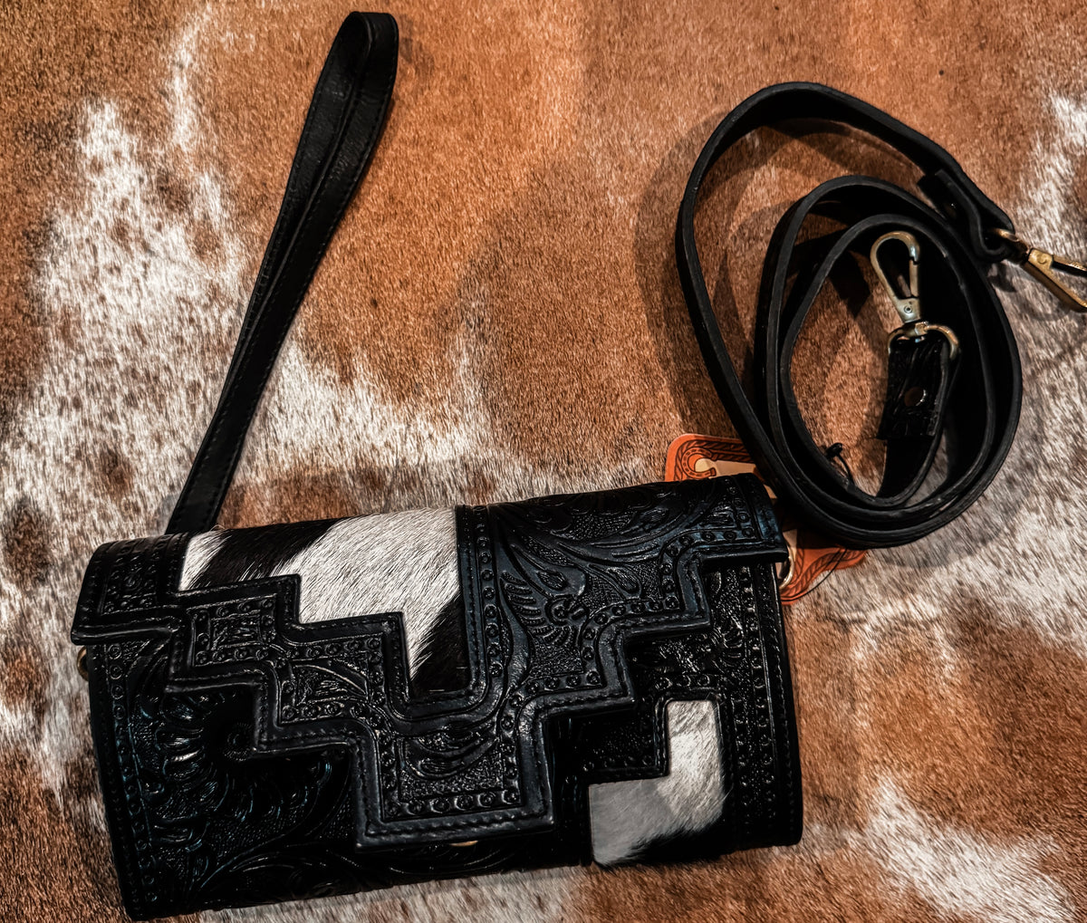 Black tooled & cowhide wallet w strap