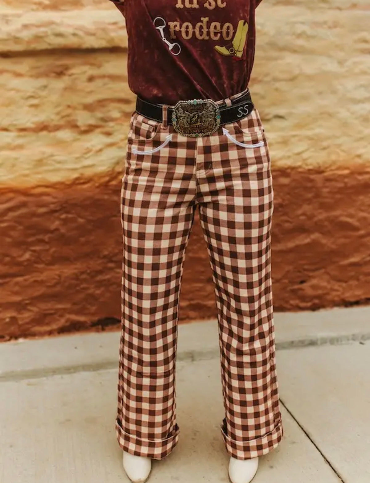 Brown plaid western arrow pocket wide leg jeans ￼
