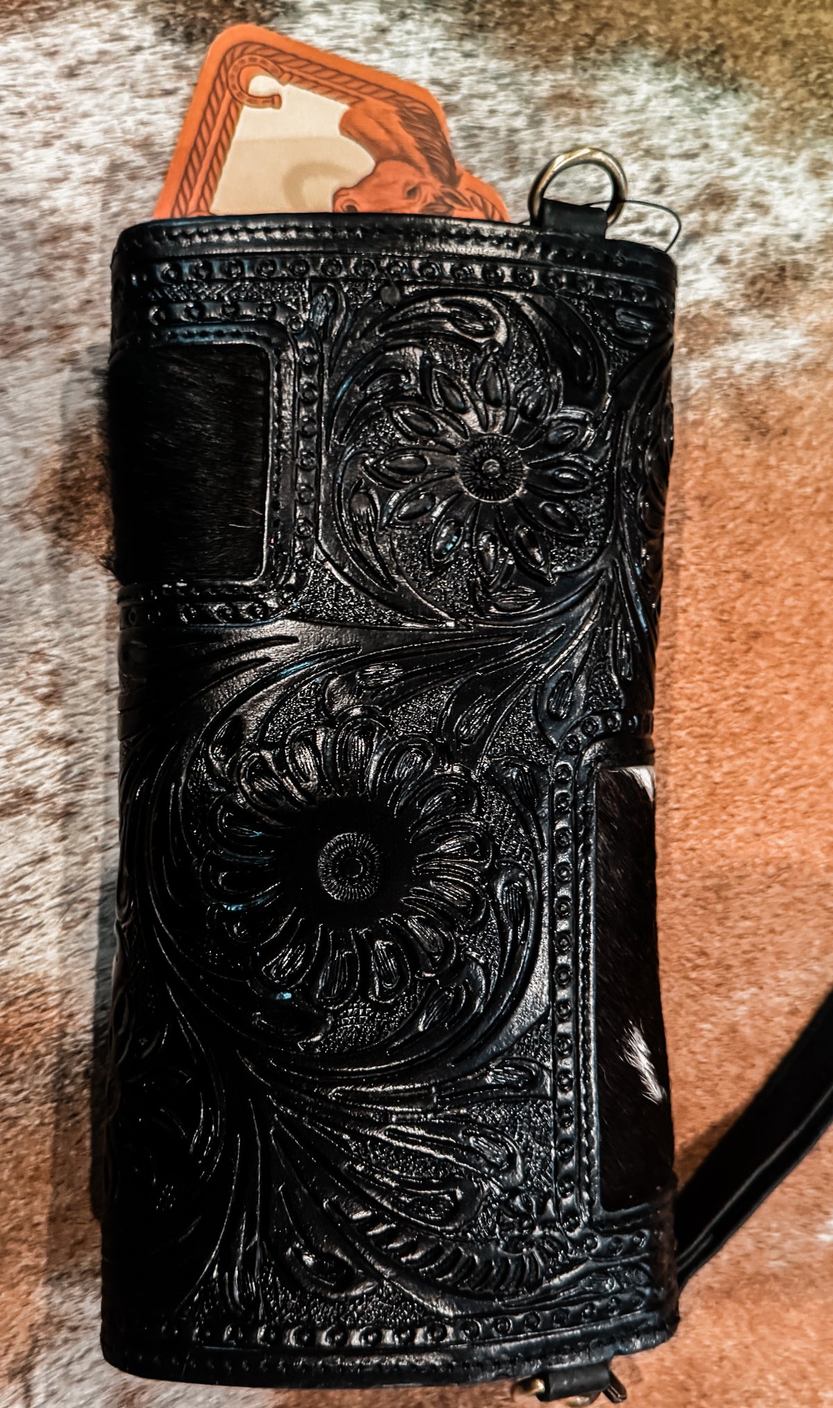 Black tooled & cowhide wallet w strap