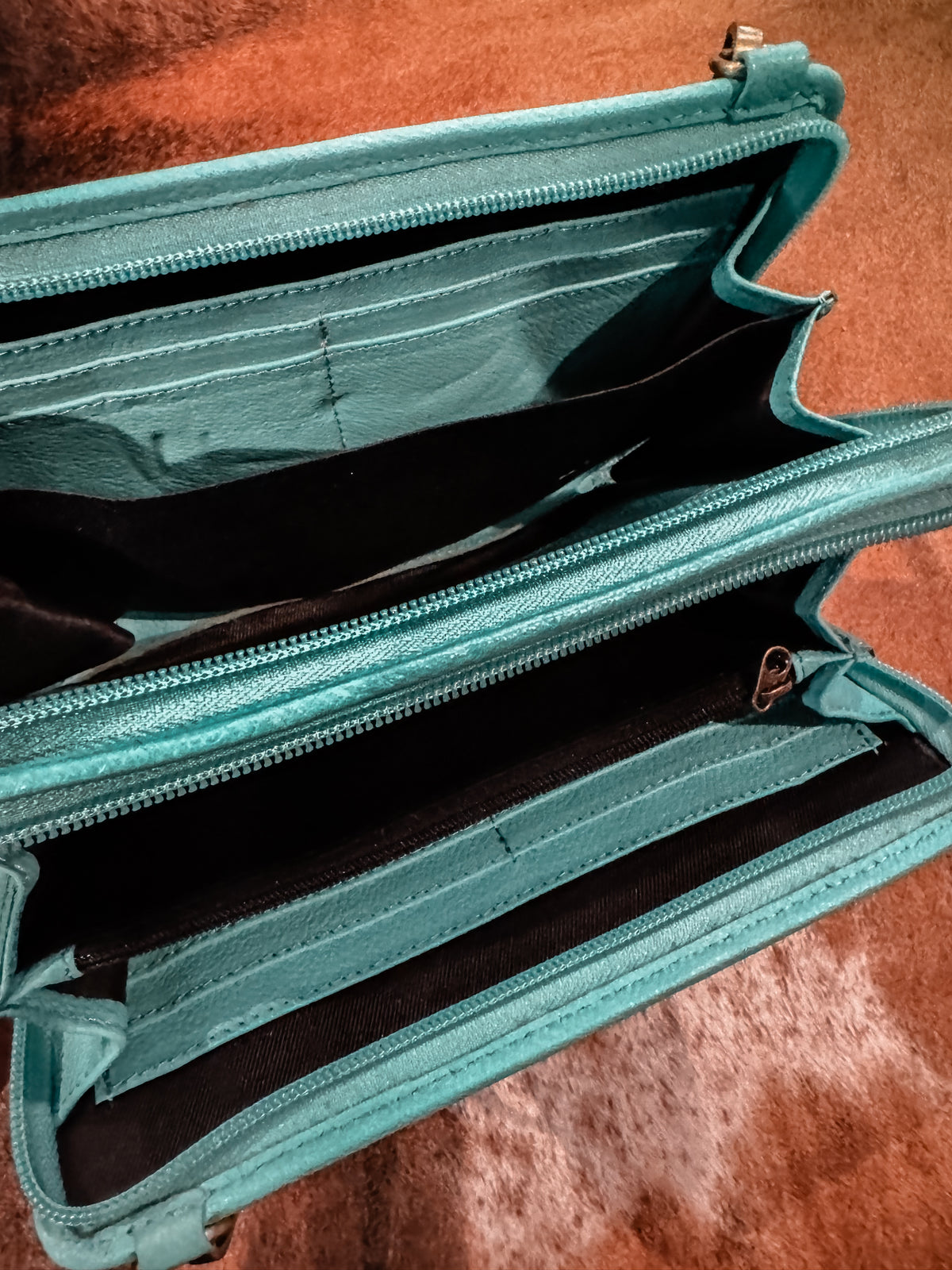 Tooled Turquoise leather and cowhide wallet purse