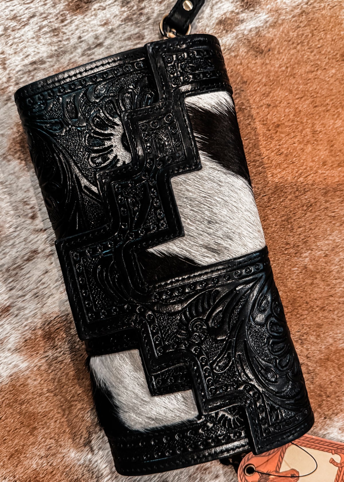 Black tooled & cowhide wallet w strap