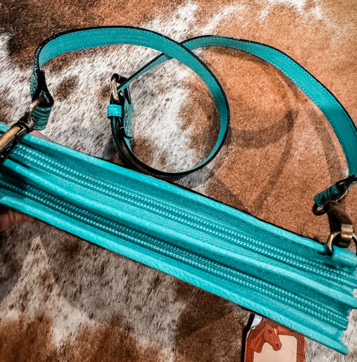 Tooled Turquoise leather and cowhide wallet purse