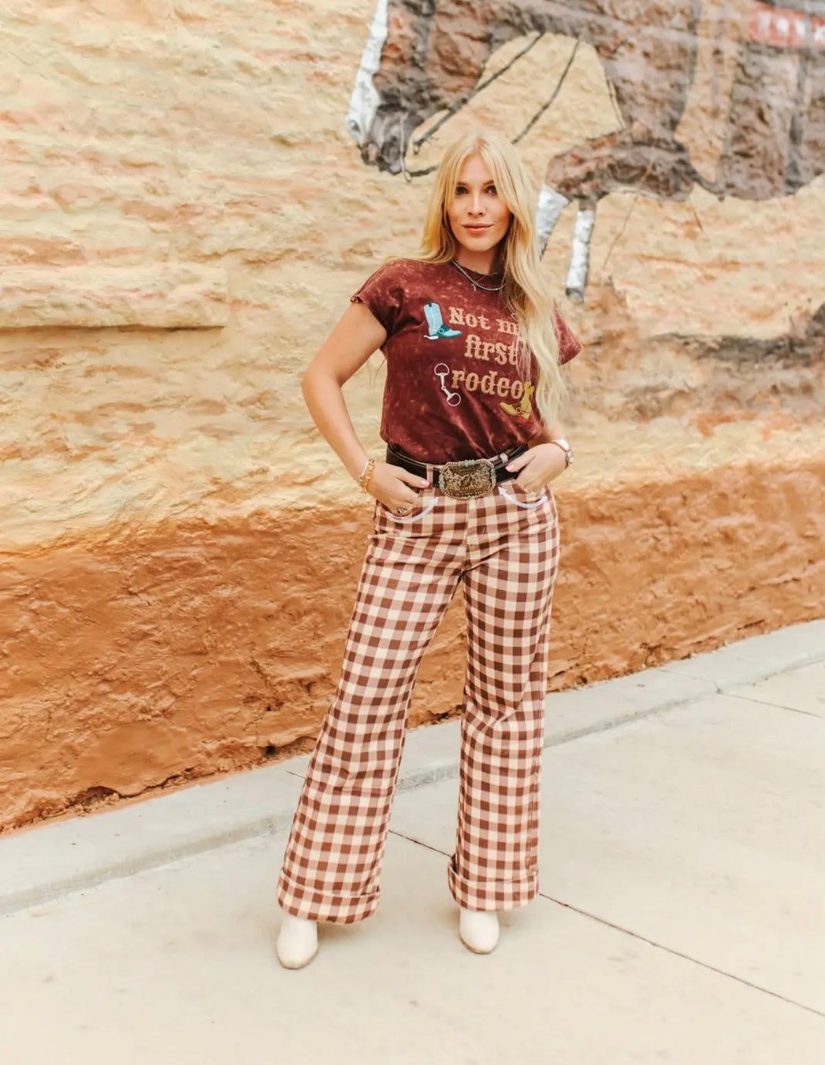 Brown plaid western arrow pocket wide leg jeans ￼