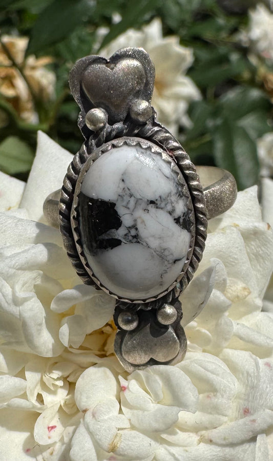 White Buffalo & Sterling Hearts Adjustable Ring