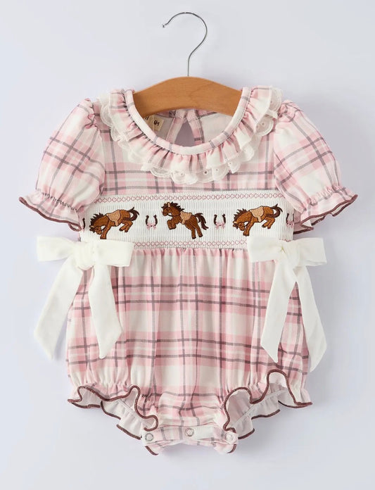 Baby Girl Embroidered smocked Bucking Horse Romper