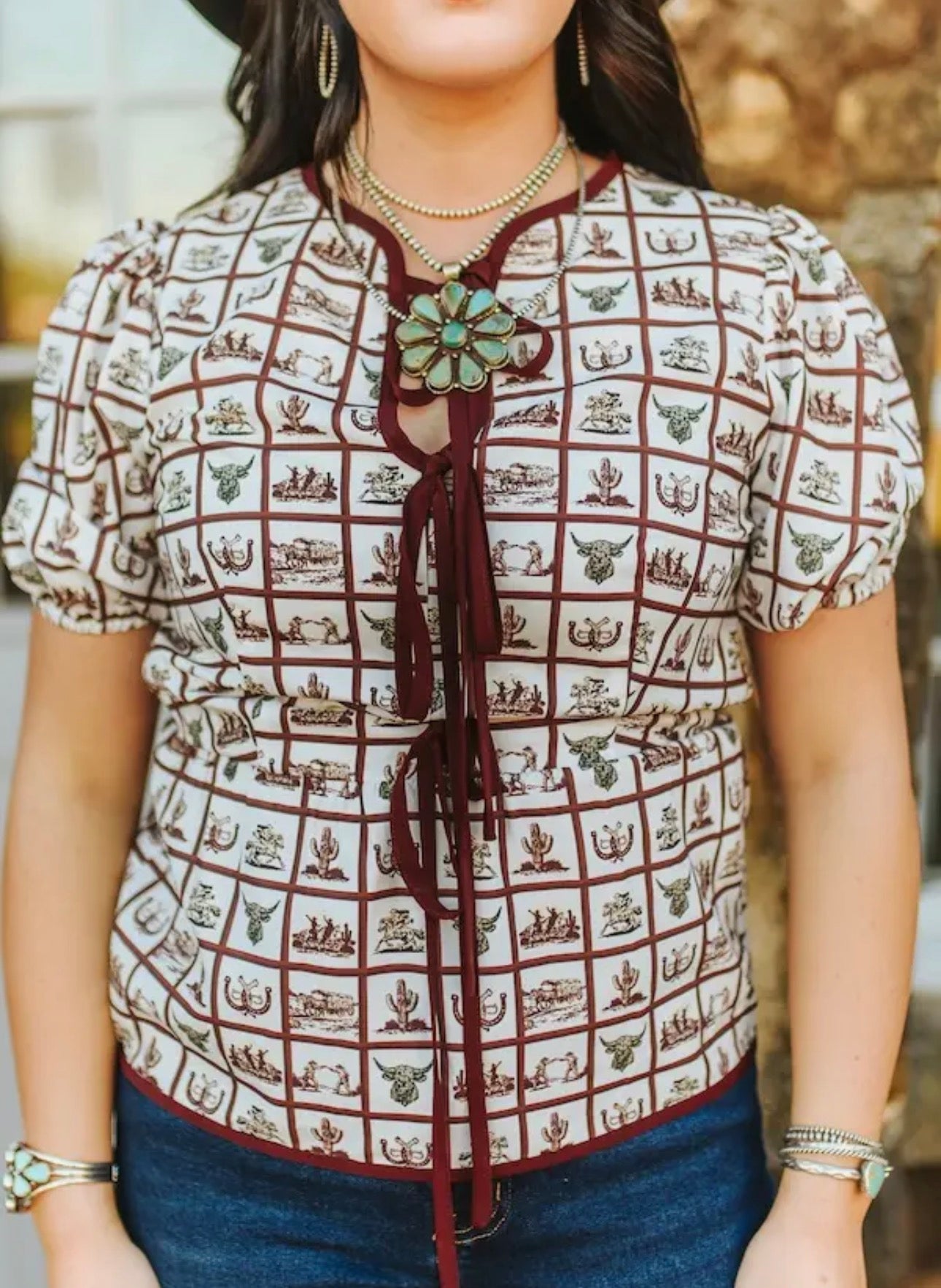 Wild West Print Puff Sleeve Blouse ￼