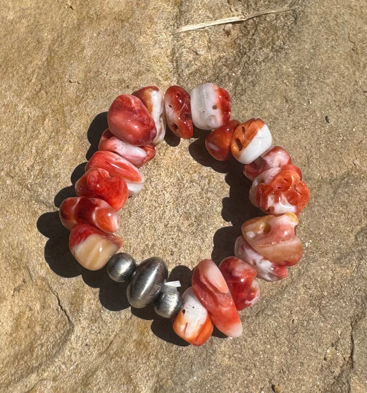 Orange Spiny & Sterling Pearls Stretch Ring