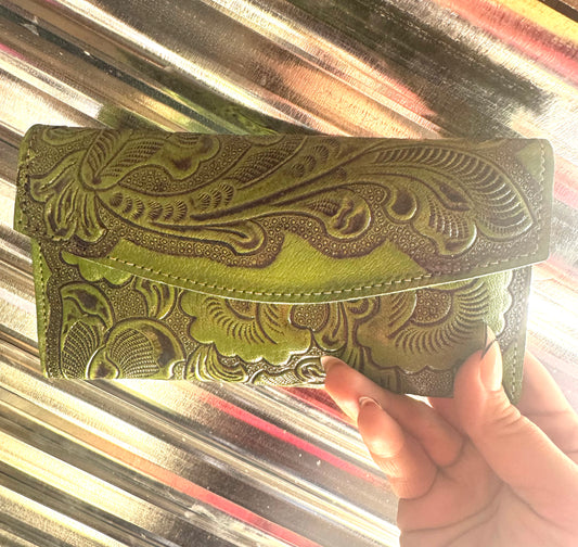 Lime Green Leather Tooled Wallet