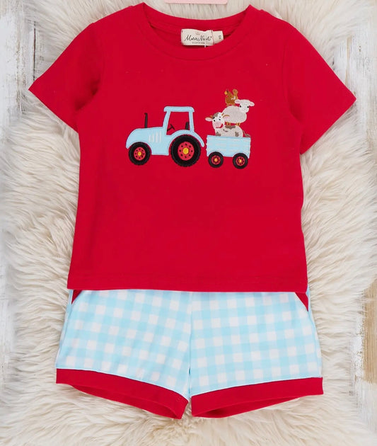 Little Tractor Helper Embroidered Plaid Outfit