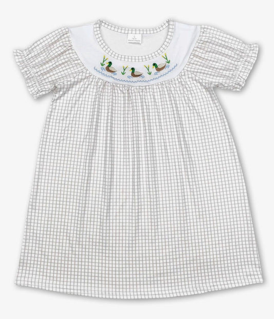 Girls Duck Embroidered Plaid Dress