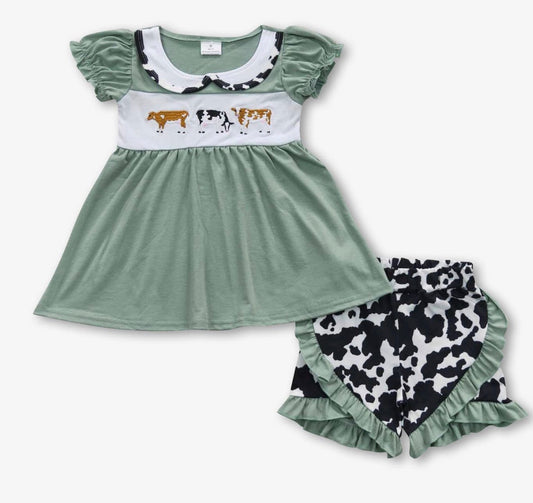 Girls Embroidered Cow Ruffle set