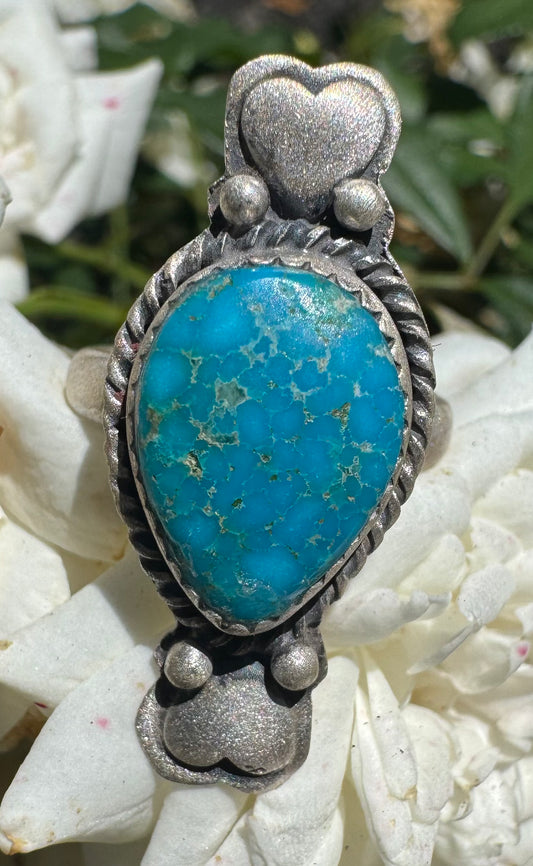 White Water Turquoise & Sterling Adjustable Heart Ring