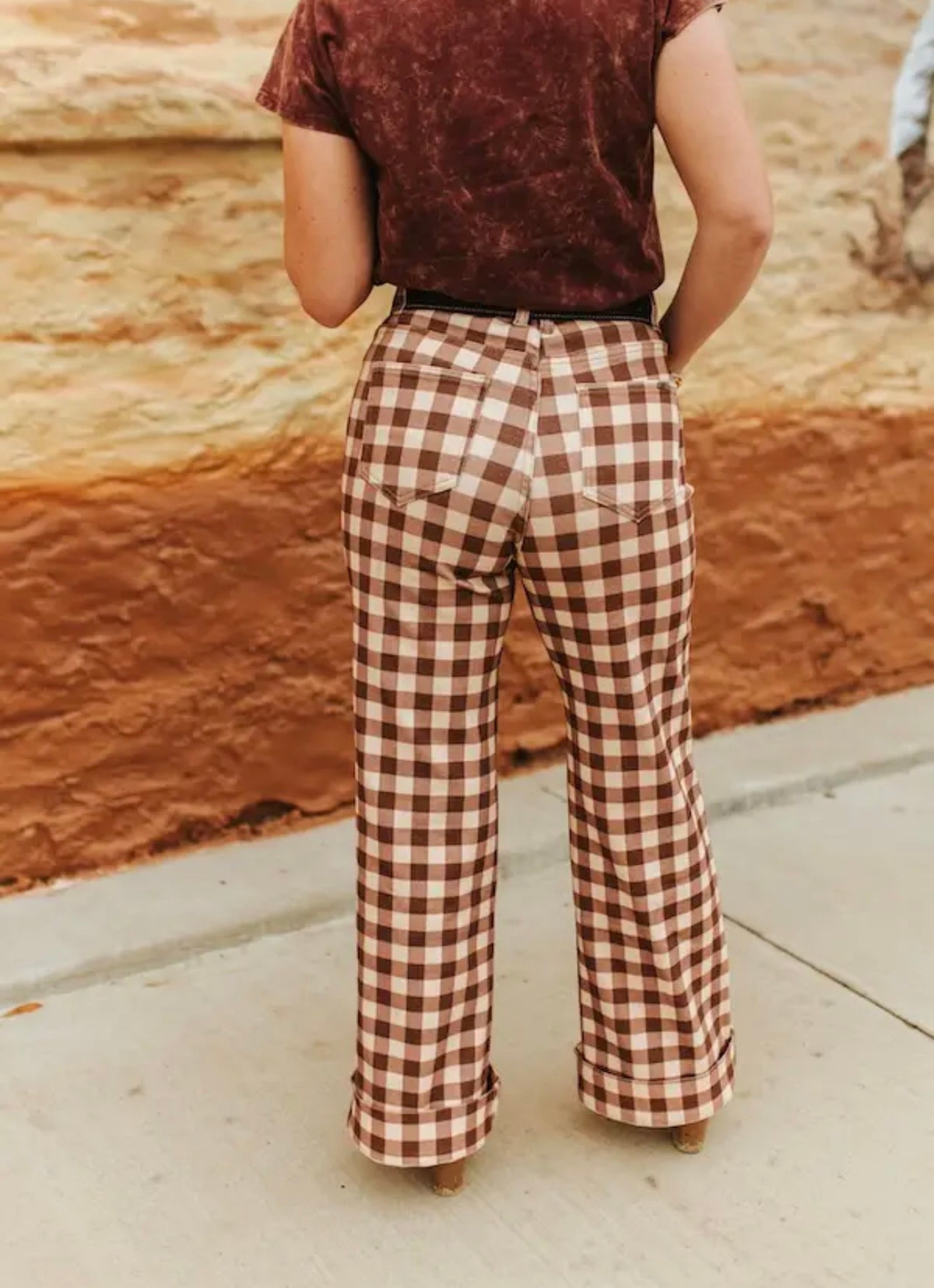 Brown plaid western arrow pocket wide leg jeans ￼