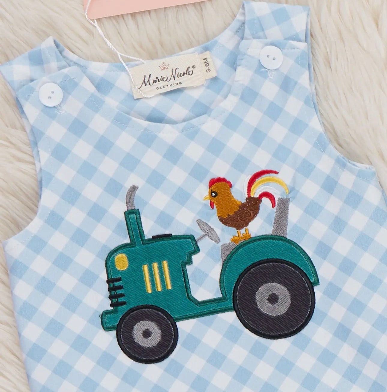 Tractor Rooster Embroidered Gingham Johnny