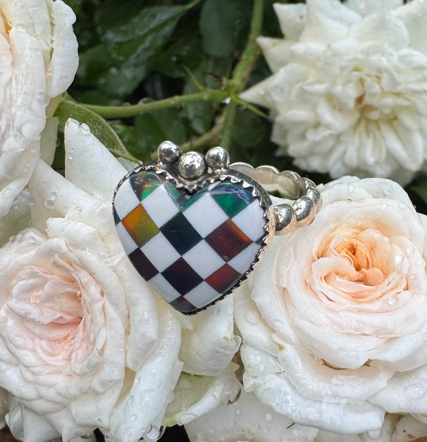 Checkered Fire Opal Heart Size 8 Rings