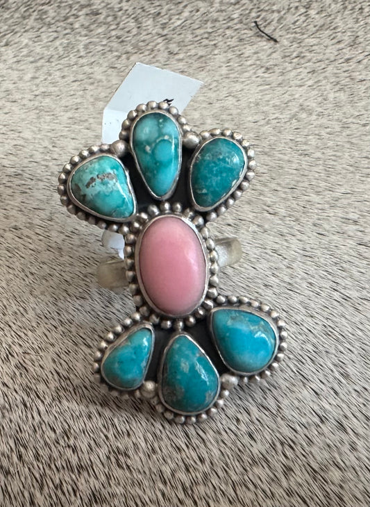 White water Turquoise & Pink Conch Statement Ring