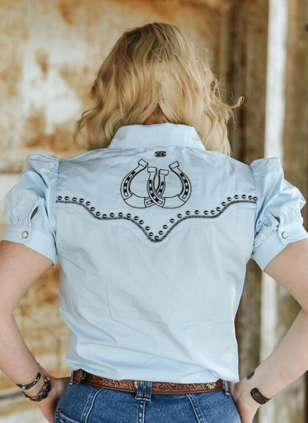 Light blue Studded & Embroidered Puff Buttondown