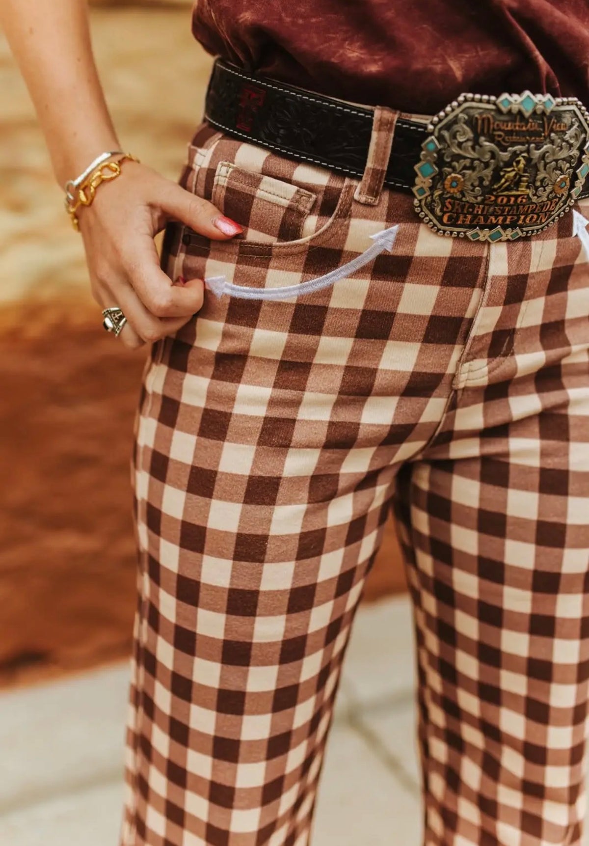 Brown plaid western arrow pocket wide leg jeans ￼