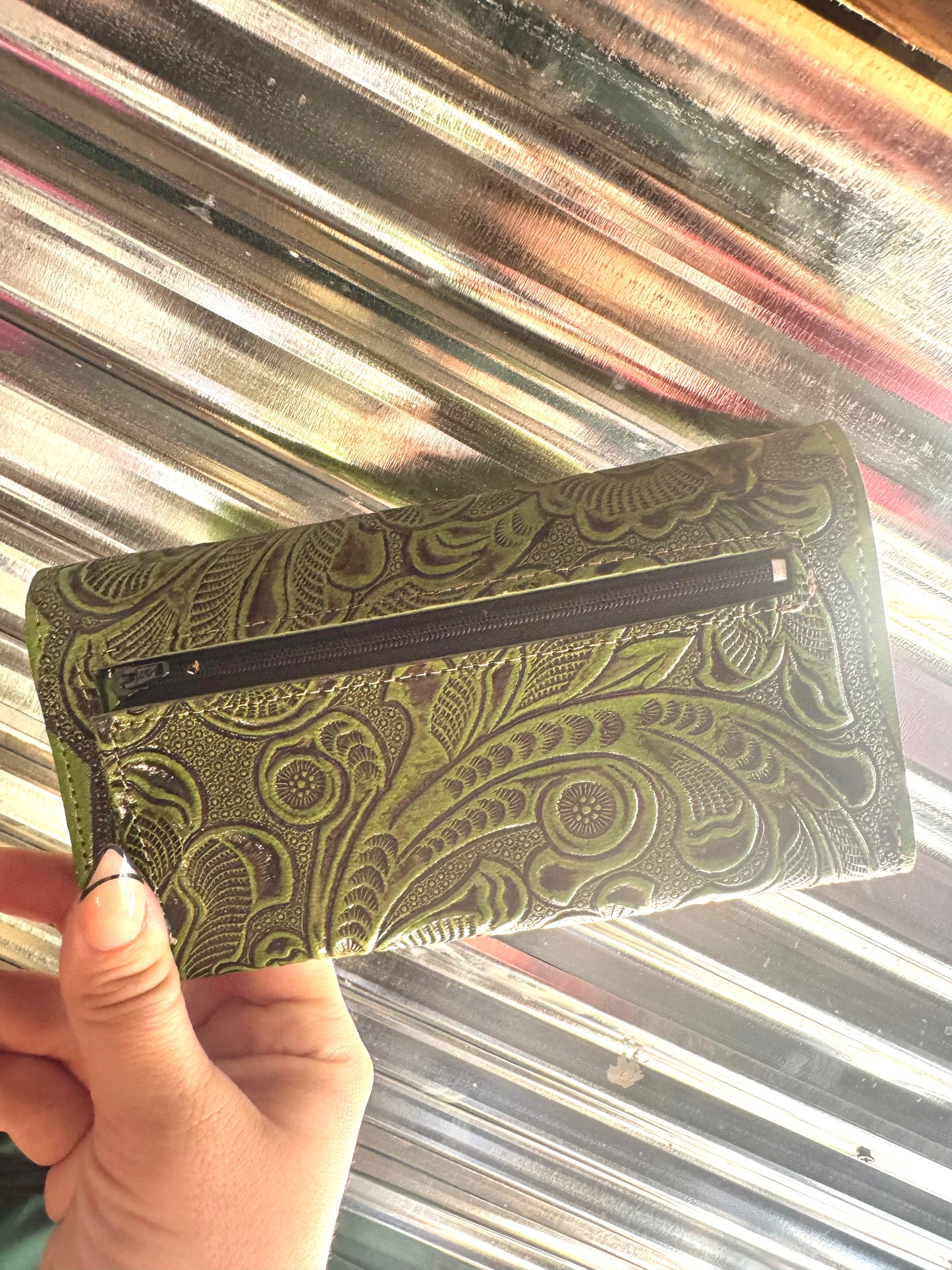 Lime Green Leather Tooled Wallet