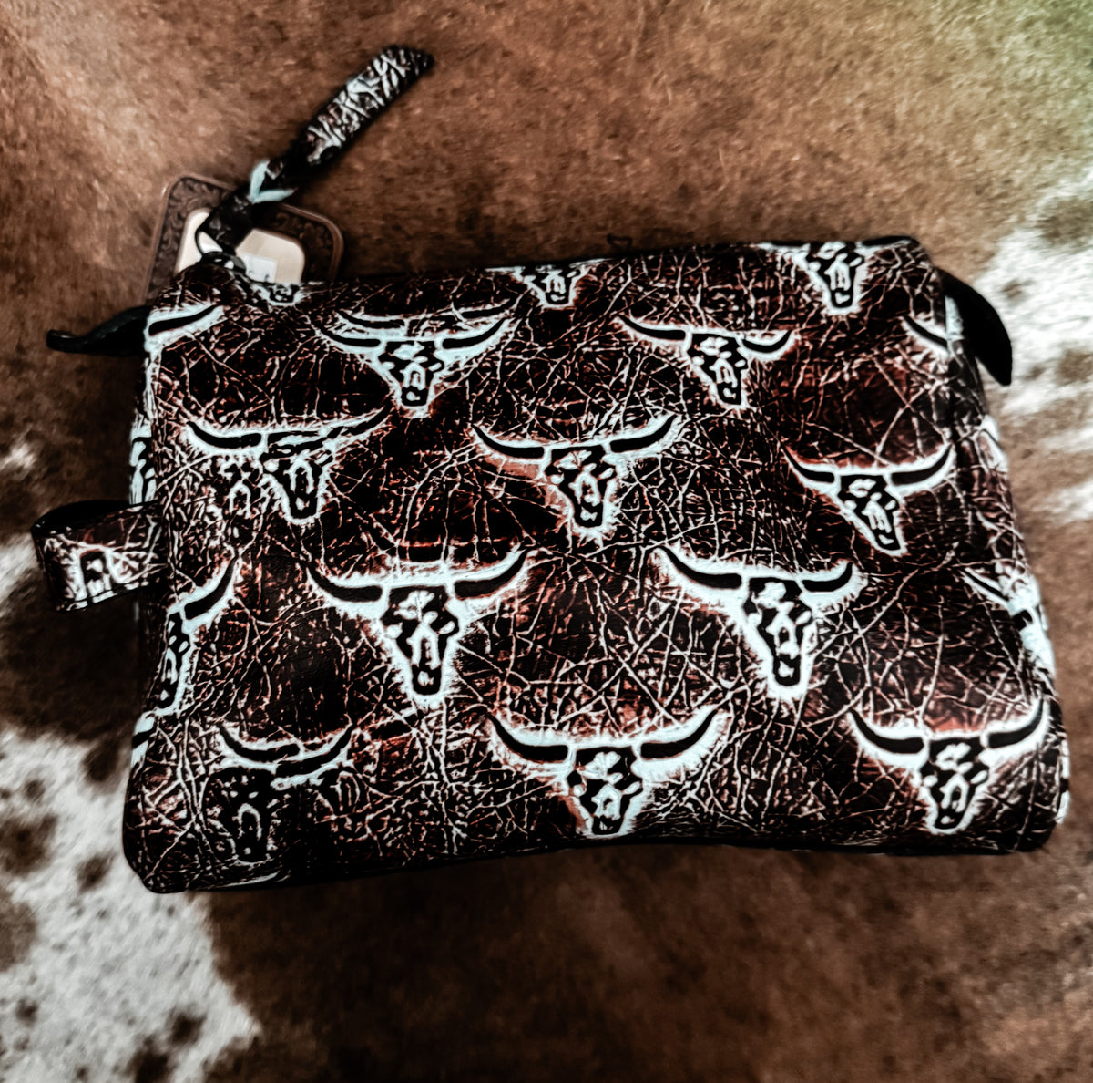 Leather steer head makeup bag