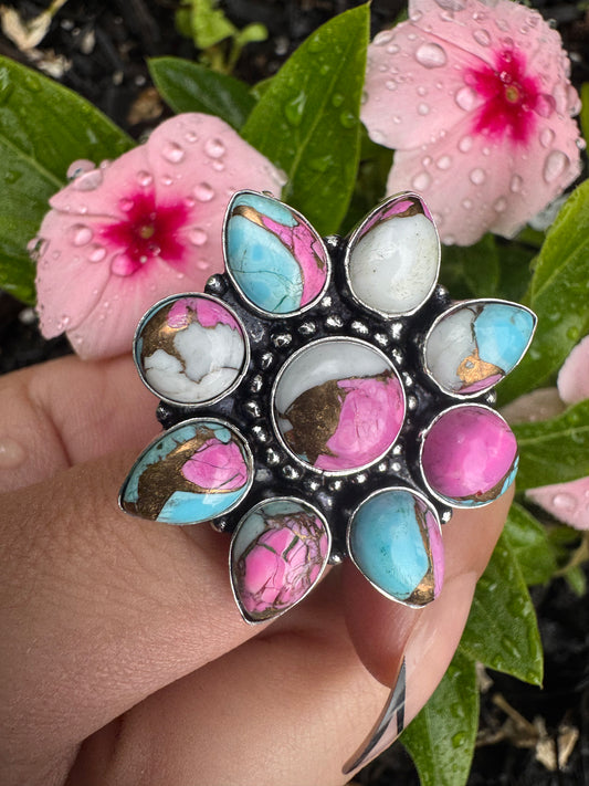 Cotton Candy Turquoise Flower Cluster Ring