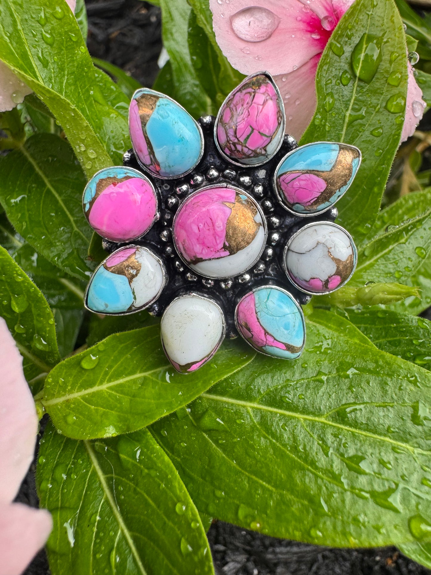 Cotton Candy Turquoise Flower Cluster Ring