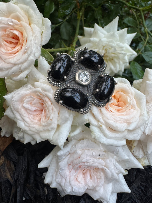 Black onyx Adjustable Four leaf Clover Ring