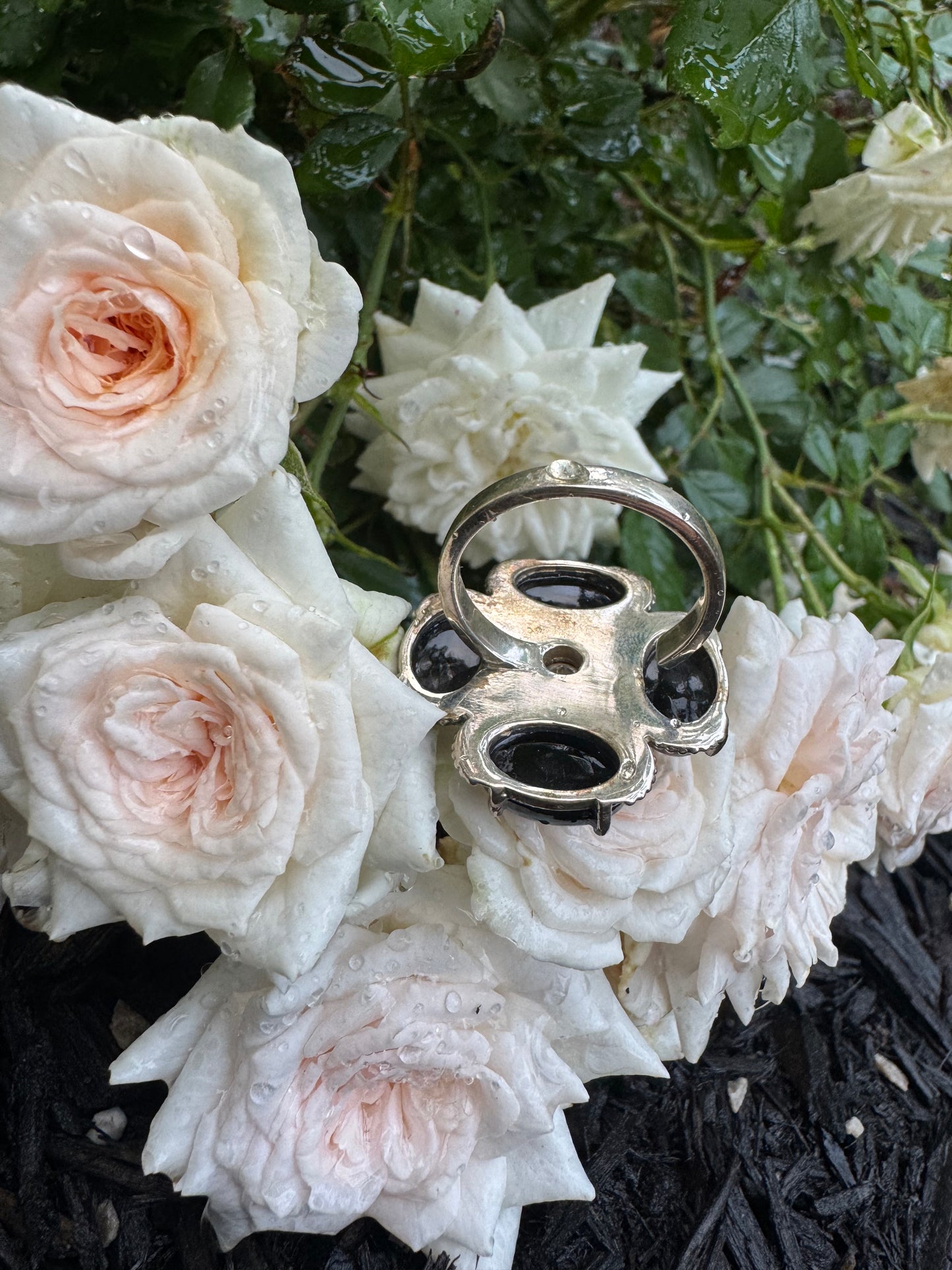 Black onyx Adjustable Four leaf Clover Ring